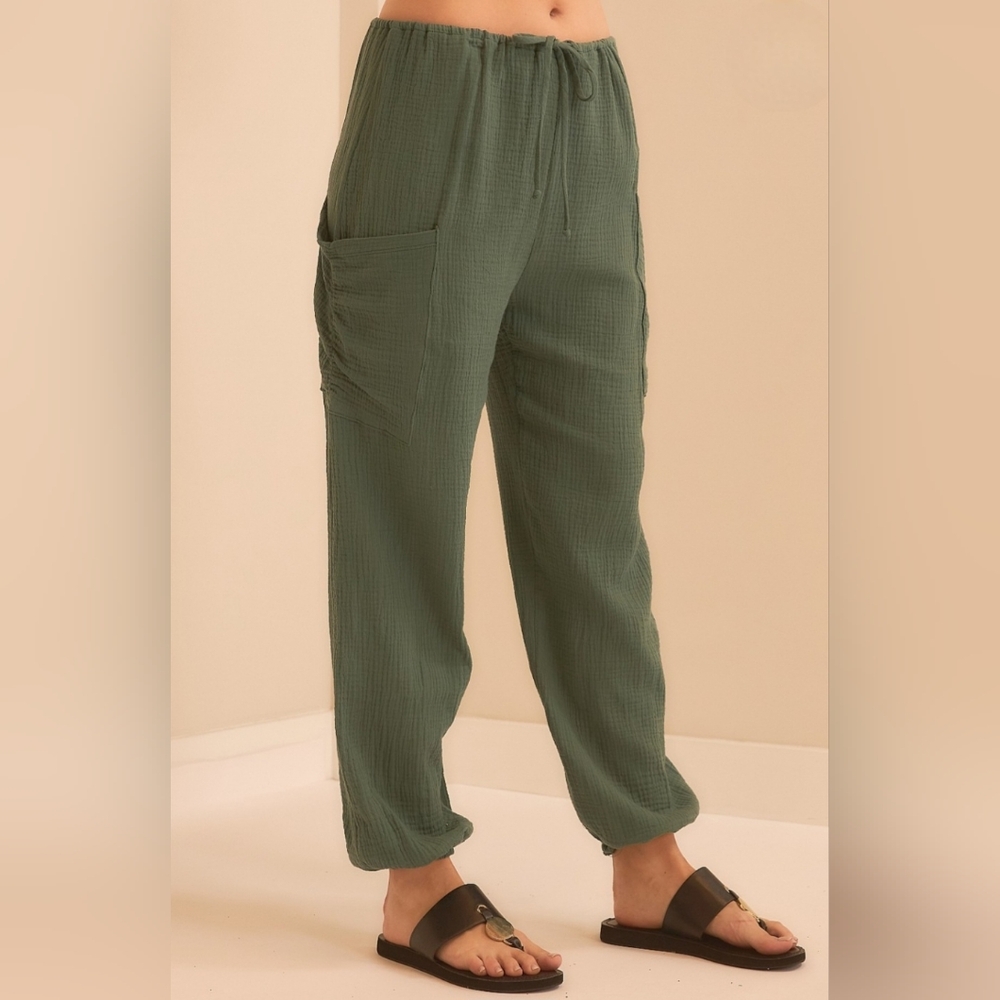 🐧#1252 WASABI + MINT Evergreen Gauze Cargo Jogger Pants - Picture 2 of 4